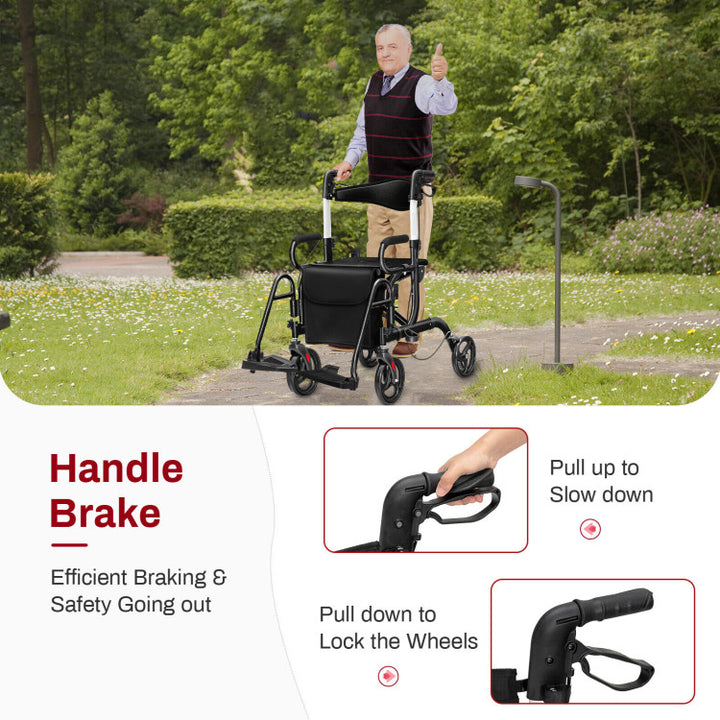 2-in-1 Folding Rollator Walker Transport Wheelchair with Detachable Storage Bag and Height Adjustable Handle