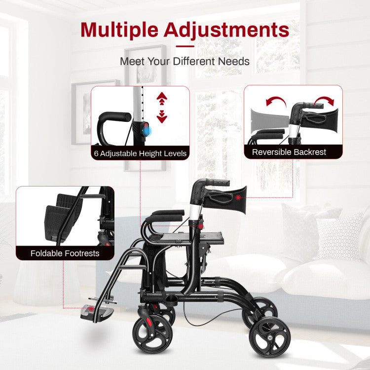2-in-1 Folding Rollator Walker Transport Wheelchair with Detachable Storage Bag and Height Adjustable Handle