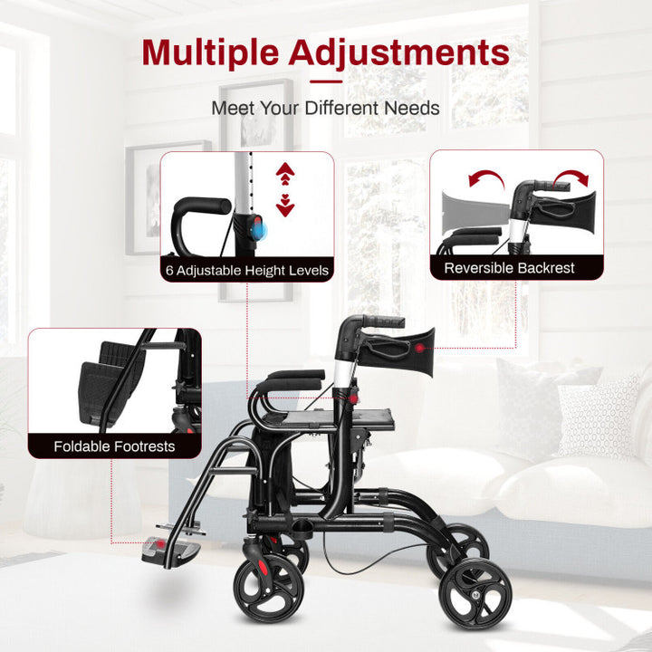 2-in-1 Folding Rollator Walker Transport Wheelchair with Detachable Storage Bag and Height Adjustable Handle