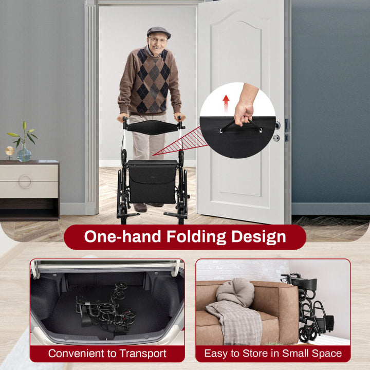2-in-1 Folding Rollator Walker Transport Wheelchair with Detachable Storage Bag and Height Adjustable Handle