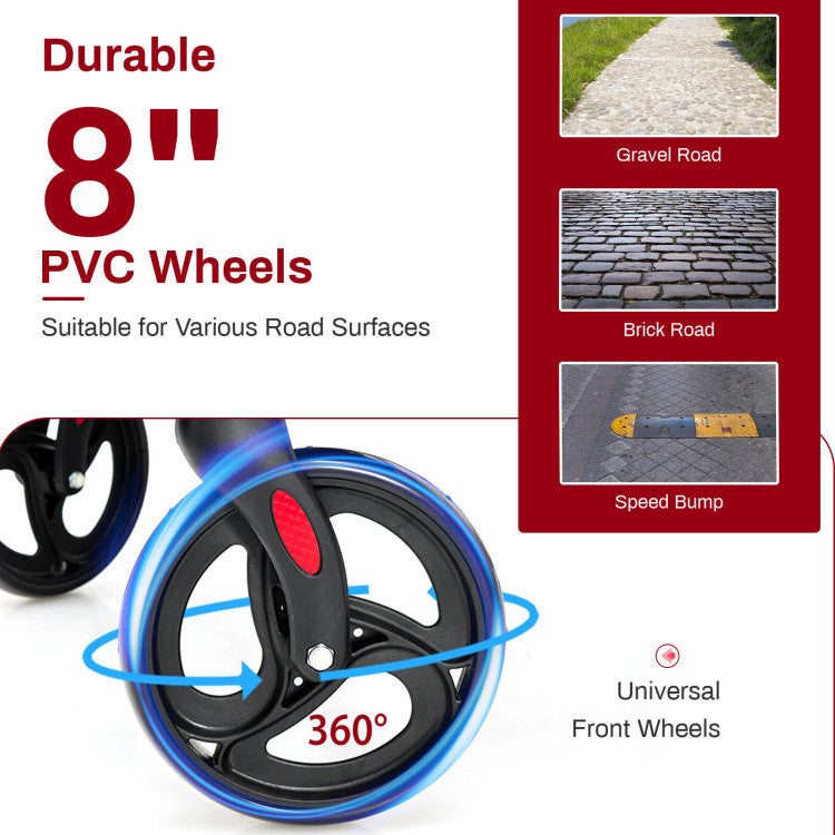 2-in-1 Folding Rollator Walker Transport Wheelchair with Detachable Storage Bag and Height Adjustable Handle