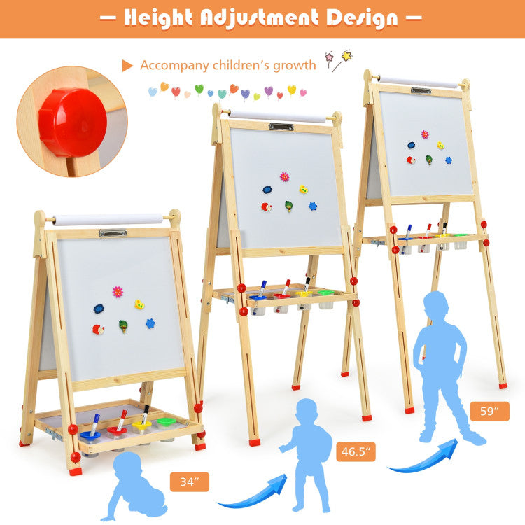 Kids Art Easel with Paper Roll Double-Sided Regulable Drawing Easel Plank