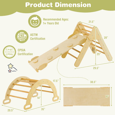 2-in-1 Kids Wooden Montessori Climbing Toys Set Toddlers Triangle Climber Play Gym Ladder with Sliding Ramp
