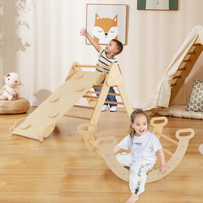 2-in-1 Kids Wooden Montessori Climbing Toys Set Toddlers Triangle Climber Play Gym Ladder with Sliding Ramp