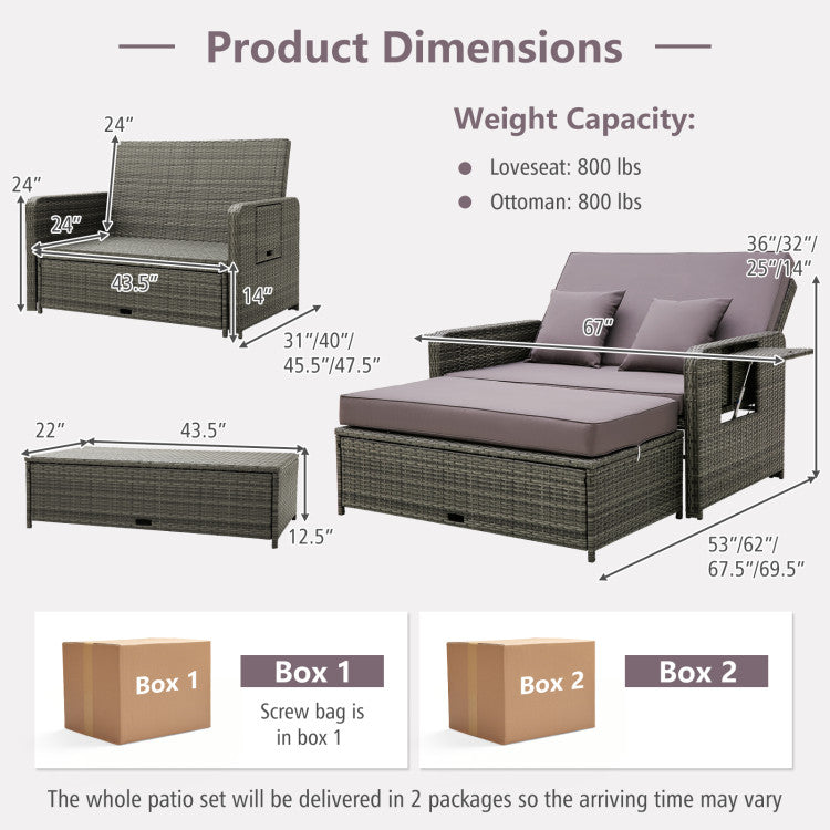 2-in-1 Patio Rattan Loveseat Sofa Set with Multipurpose Ottoman and Retractable Side Tray For Backyard Poolside Deck