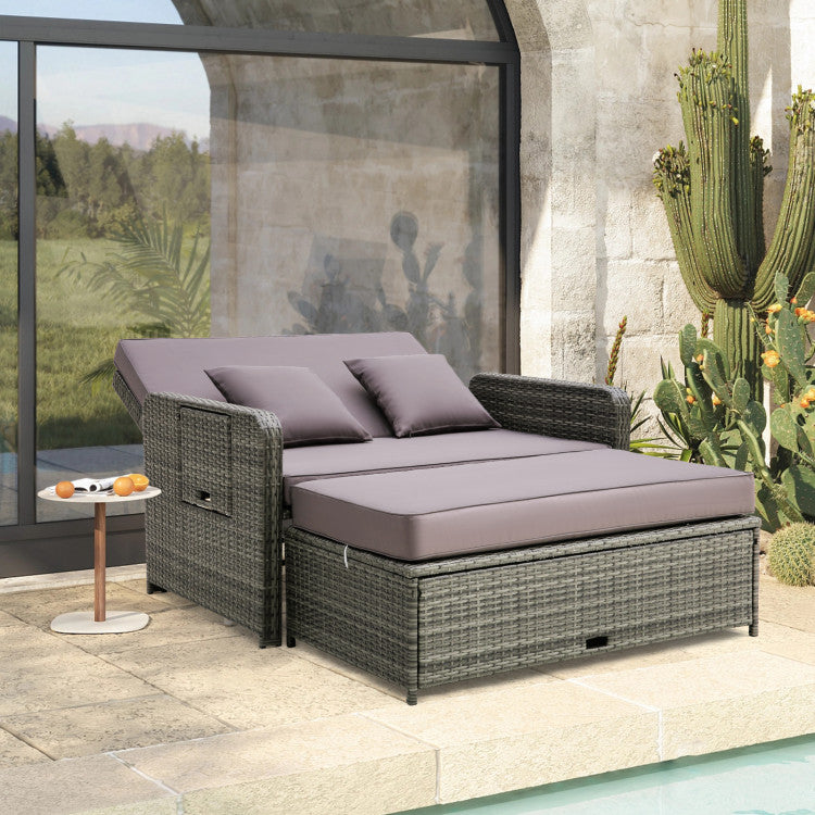 2-in-1 Patio Rattan Loveseat Sofa Set with Multipurpose Ottoman and Retractable Side Tray For Backyard Poolside Deck