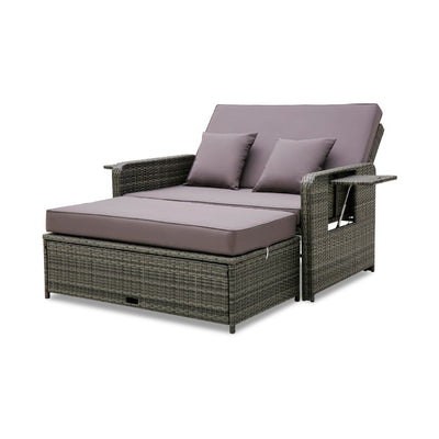 2-in-1 Patio Rattan Loveseat Sofa Set with Multipurpose Ottoman and Retractable Side Tray For Backyard Poolside Deck