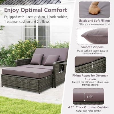 2-in-1 Patio Rattan Loveseat Sofa Set with Multipurpose Ottoman and Retractable Side Tray For Backyard Poolside Deck