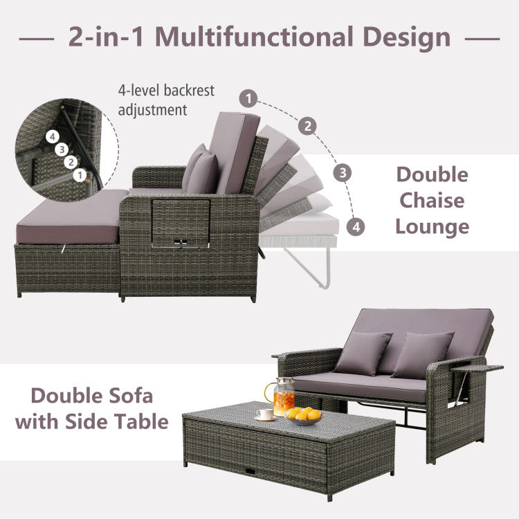 2-in-1 Patio Rattan Loveseat Sofa Set with Multipurpose Ottoman and Retractable Side Tray For Backyard Poolside Deck