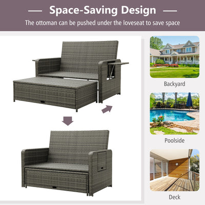 2-in-1 Patio Rattan Loveseat Sofa Set with Multipurpose Ottoman and Retractable Side Tray For Backyard Poolside Deck