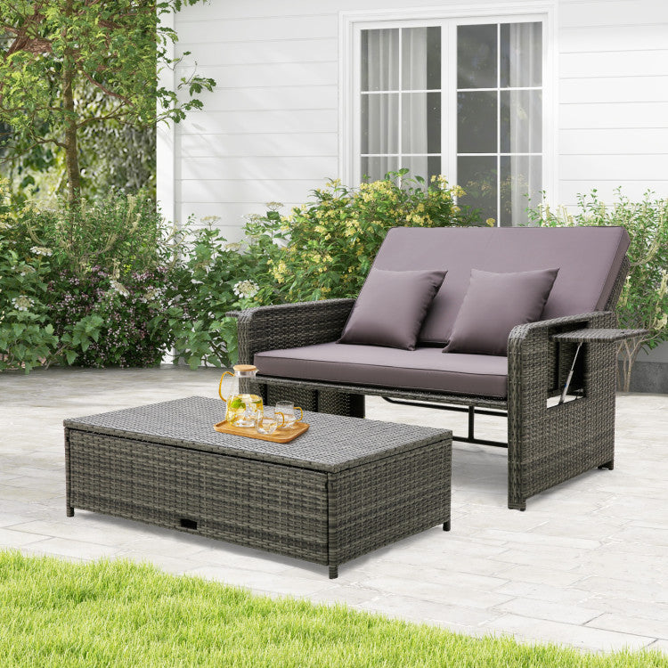 2-in-1 Patio Rattan Loveseat Sofa Set with Multipurpose Ottoman and Retractable Side Tray For Backyard Poolside Deck