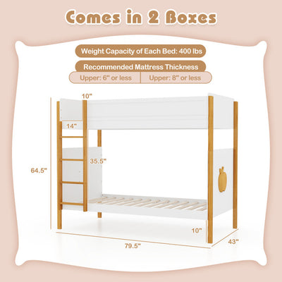 2-in-1 Twin Over Twin Bunk Bed Solid Wood Bunk Bed Frame with Integrated Ladder and Safety Guardrails for Kids