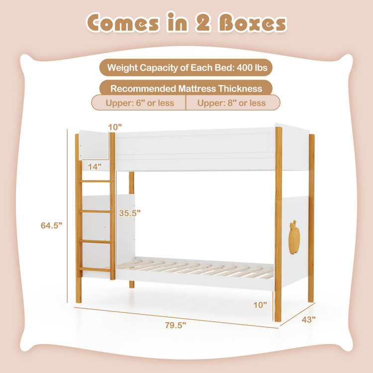 2-in-1 Twin Over Twin Bunk Bed Solid Wood Bunk Bed Frame with Integrated Ladder and Safety Guardrails for Kids