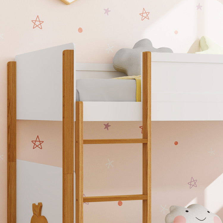 2-in-1 Twin Over Twin Bunk Bed Solid Wood Bunk Bed Frame with Integrated Ladder and Safety Guardrails for Kids