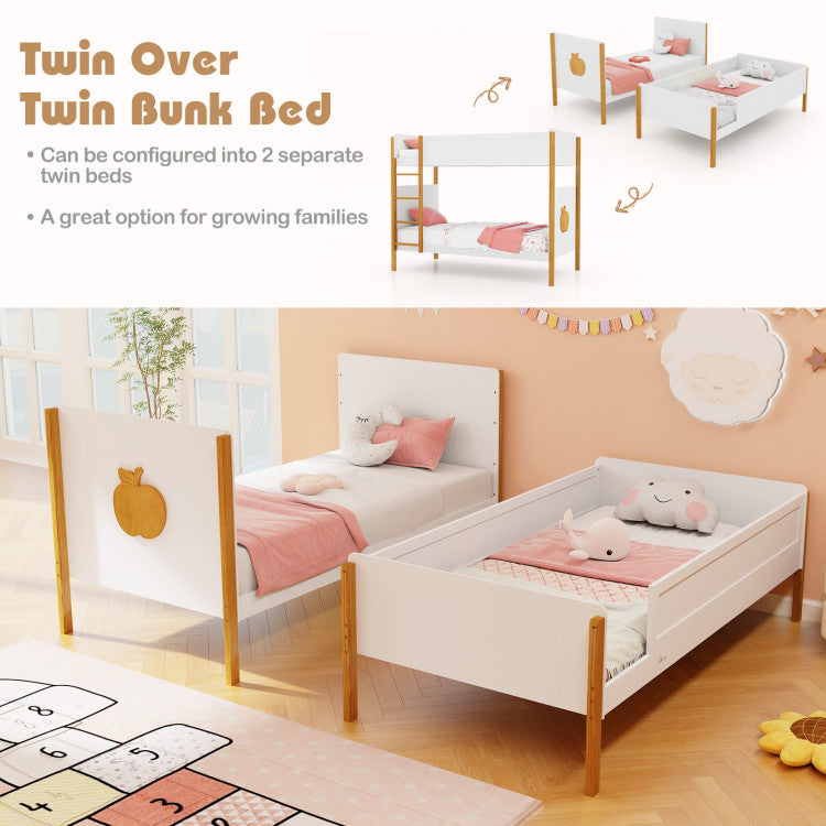 2-in-1 Twin Over Twin Bunk Bed Solid Wood Bunk Bed Frame with Integrated Ladder and Safety Guardrails for Kids