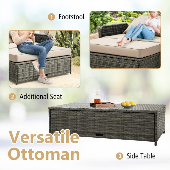 2-in-1 Multifunctional Patio Rattan Daybed Wicker Loveseat Sofa Set with Retractable Side Tray and Adjustable Backrest