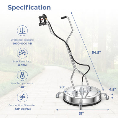 20 Inch Pressure Washer Surface Cleaner Stainless Steel Power Cleaner Attachment with 4 Universal TPE Casters for Driveway Sidewalk