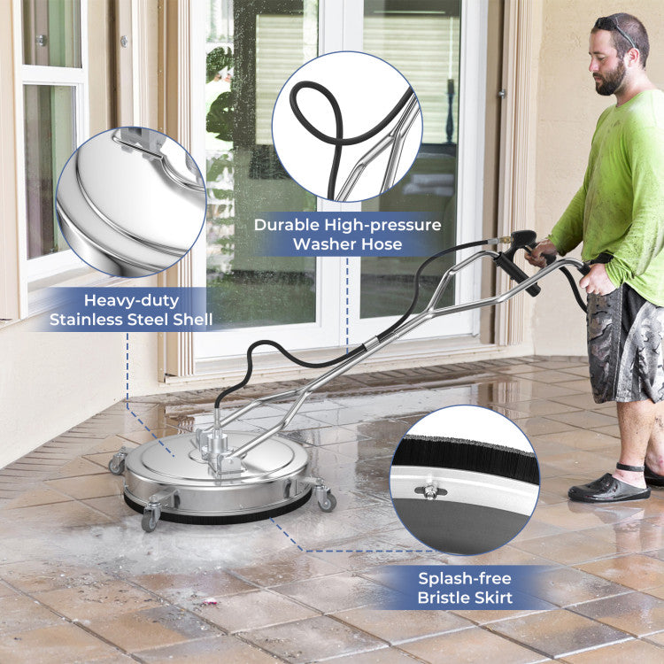 20 Inch Pressure Washer Surface Cleaner Stainless Steel Power Cleaner Attachment with 4 Universal TPE Casters for Driveway Sidewalk
