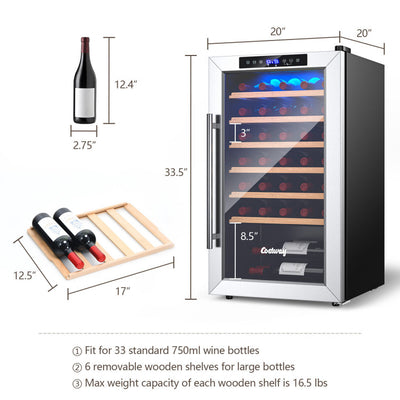 20 Inch Wine Cooler 33 Bottles Wine Refrigerator Built-In or Freestanding Mini Wine Fridge with Tempered Glass Door