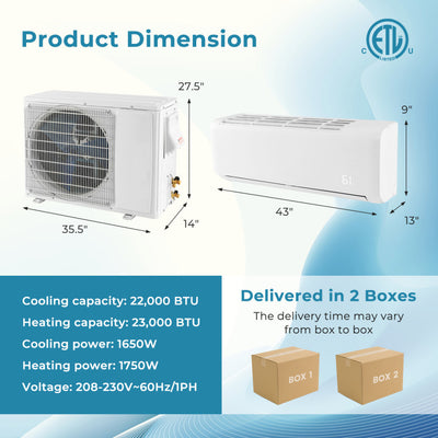 24000 BTU Split Air Conditioner and Heater 21 SEER2 208-230V Mini Wall-Mounted AC Unit with Remote Control and Installation Kit