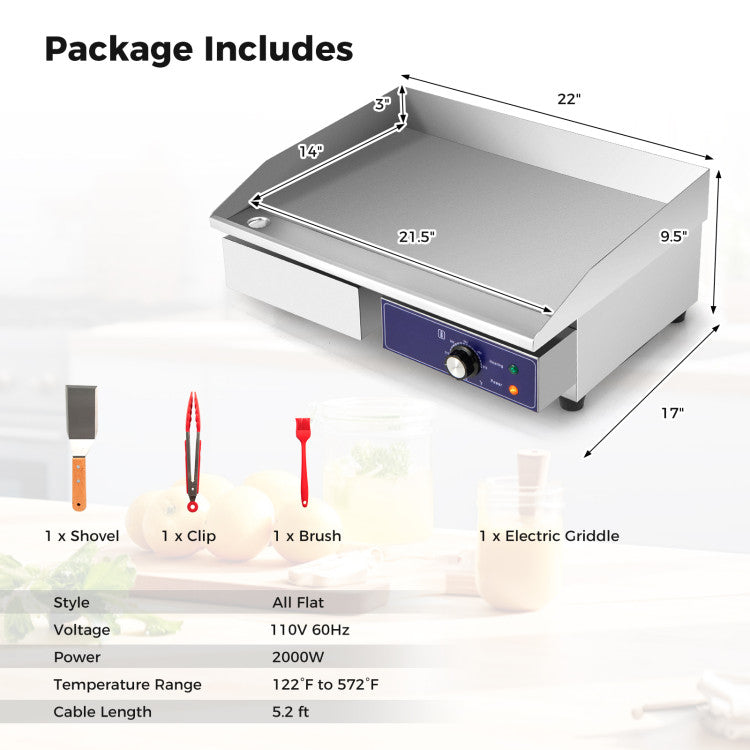22 Inch Countertop Electric Griddle 2000W 110V Commercial Stainless Steel Grill