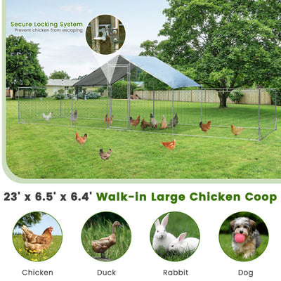 23FT Large Walk-in Chicken Coop Metal Poultry Cage Rabbits House Habitat Cage with Waterproof Cover for Backyard Farm