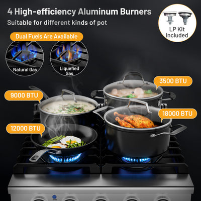 24 Inches Stainless Steel Natural Gas Range Freestanding Dual Fuels Range with 4 Burners Cooktop and Storage Drawer