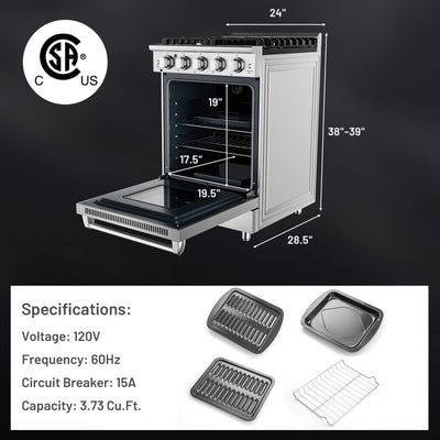 24 Inches Stainless Steel Natural Gas Range Freestanding Dual Fuels Range with 4 Burners Cooktop and Storage Drawer