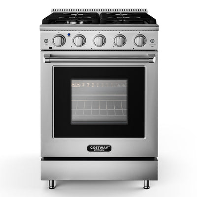 24 Inches Stainless Steel Natural Gas Range Freestanding Dual Fuels Range with 4 Burners Cooktop and Storage Drawer