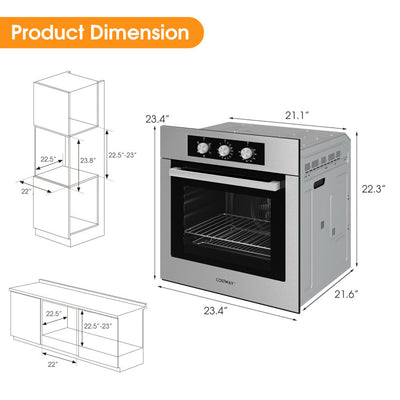 24" Single Wall Oven 2300W Stainless Steel Electric Built-in Wall Oven with 5 Cooking Modes and 360° Hot Air Circulation