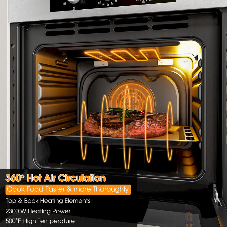 24" Single Wall Oven 2300W Stainless Steel Electric Built-in Wall Oven with 5 Cooking Modes and 360° Hot Air Circulation