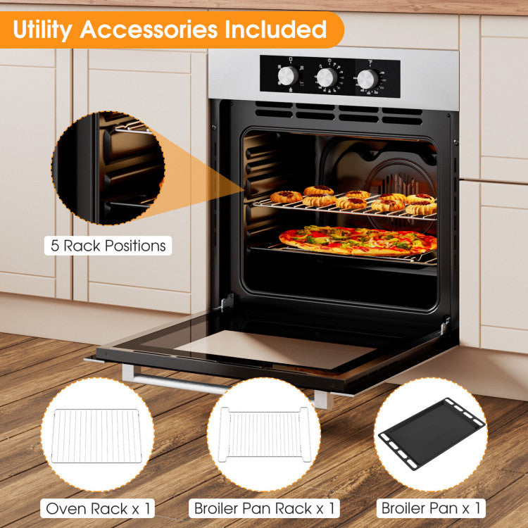 24" Single Wall Oven 2300W Stainless Steel Electric Built-in Wall Oven with 5 Cooking Modes and 360° Hot Air Circulation