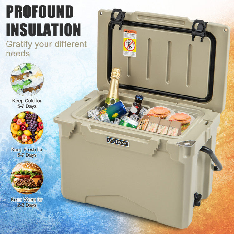 25 QT Portable Hard Cooler Heavy-Duty Rotomolded Cooler Insulated Ice Chest Box with Built-in Cup Holders and Aluminum Handle for Camping Fishing