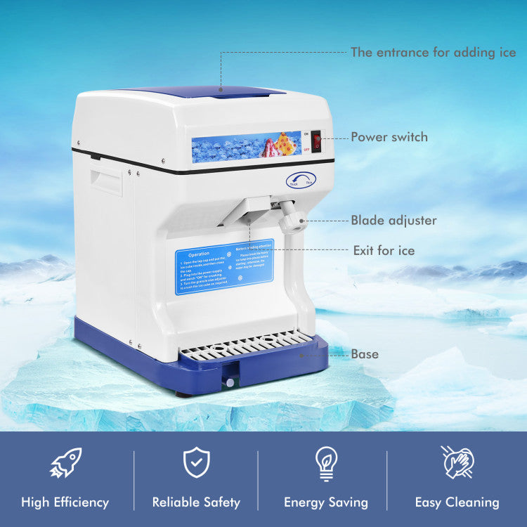265LBS/H Electric Tabletop Ice Crusher Shaver Snow Cone Maker Machine with Drip Tray and Low Noise