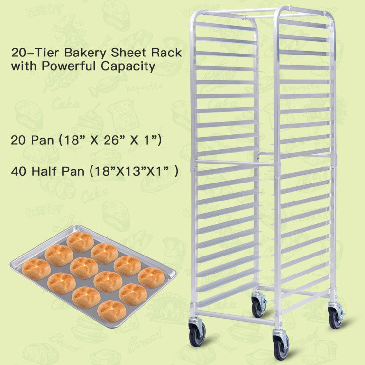 26 x 20 x 70 Inch 20-Tier Commercial Bakery Racks Aluminum Pan Rolling Trolley Storage Rack with Brake Wheels