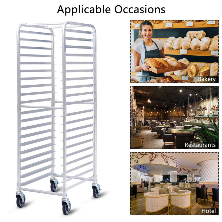 26 x 20 x 70 Inch 20-Tier Commercial Bakery Racks Aluminum Pan Rolling Trolley Storage Rack with Brake Wheels