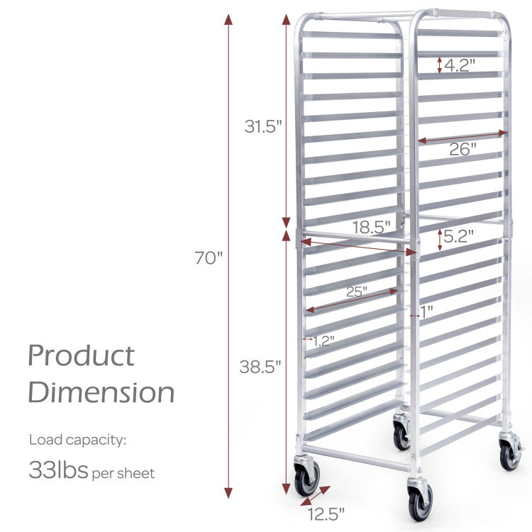 26 x 20 x 70 Inch 20-Tier Commercial Bakery Racks Aluminum Pan Rolling Trolley Storage Rack with Brake Wheels