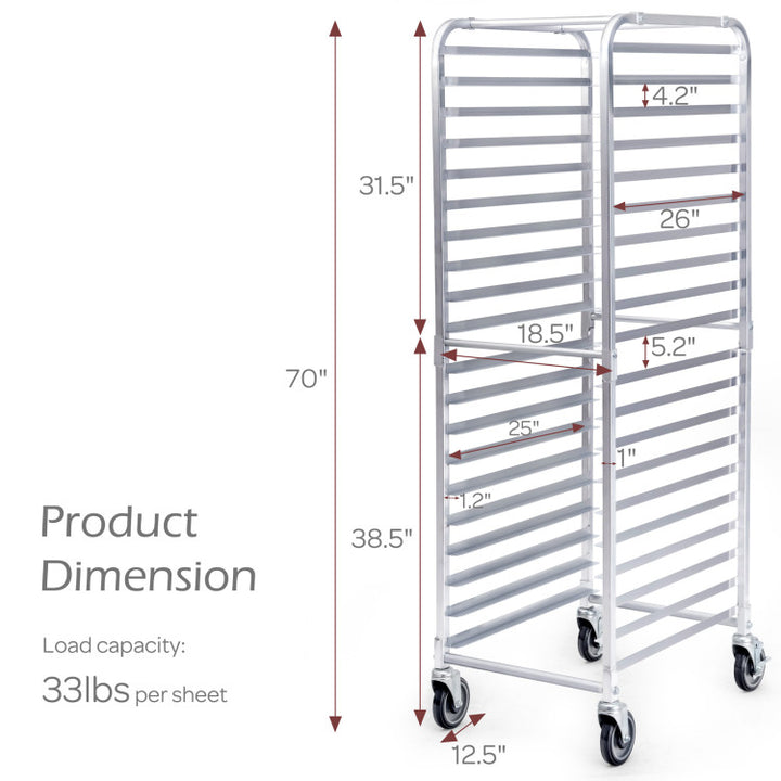 26 x 20 x 70 Inch 20-Tier Commercial Bakery Racks Aluminum Pan Rolling Trolley Storage Rack with Brake Wheels