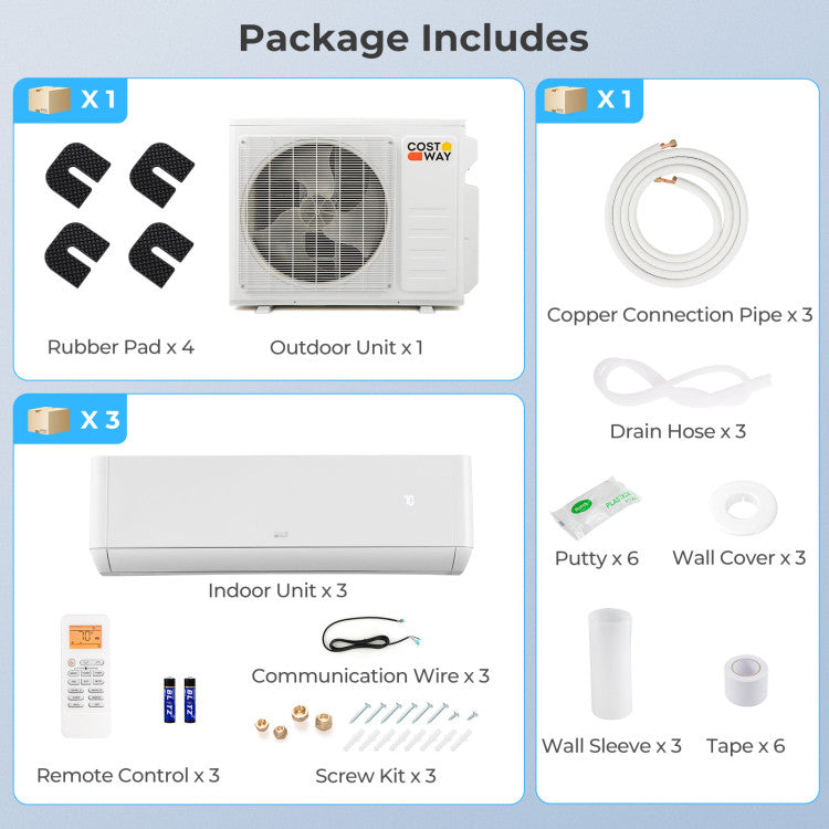 27000 BTU Tri 3 Zone Mini Split Air Conditioner 22 SEER2 Wifi Enabled Wall Mounted Inverter Ductless AC Unit with Remote Control and Self-Cleaning Function