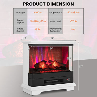 27 Inches Electric Fireplace Heater 1400W Freestanding Fireplace Stove with Remote Control and Timer