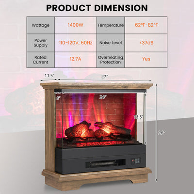 27 Inches Electric Fireplace Heater 1400W Freestanding Fireplace Stove with Remote Control and Timer