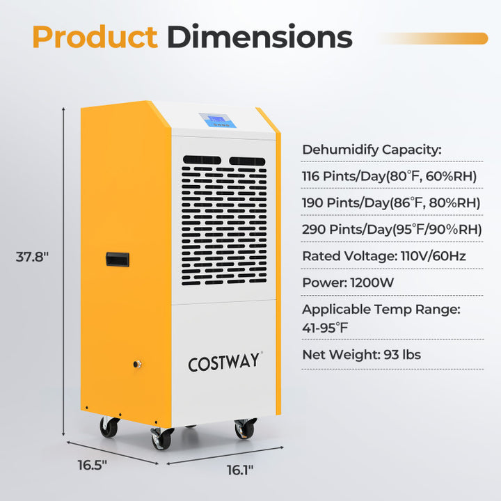 290 Pints Commercial Dehumidifier with Pump and Drain Hose for Basement Warehouse