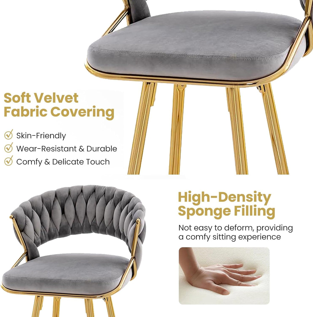 29 Inch Velvet Bar Stools Set of 2 Counter Height Barstools Armless Dining Chairs with Adjustable Foot Pads and Woven Backrest