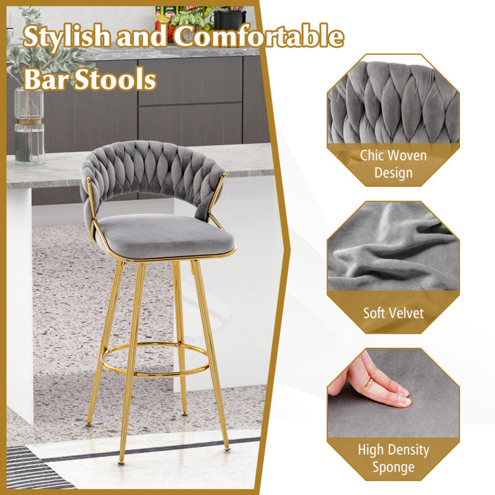 29 Inch Velvet Bar Stools Set of 2 Counter Height Barstools Armless Dining Chairs with Adjustable Foot Pads and Woven Backrest