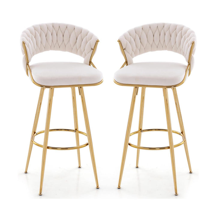 29 Inch Velvet Bar Stools Set of 2 Counter Height Barstools Armless Dining Chairs with Adjustable Foot Pads and Woven Backrest