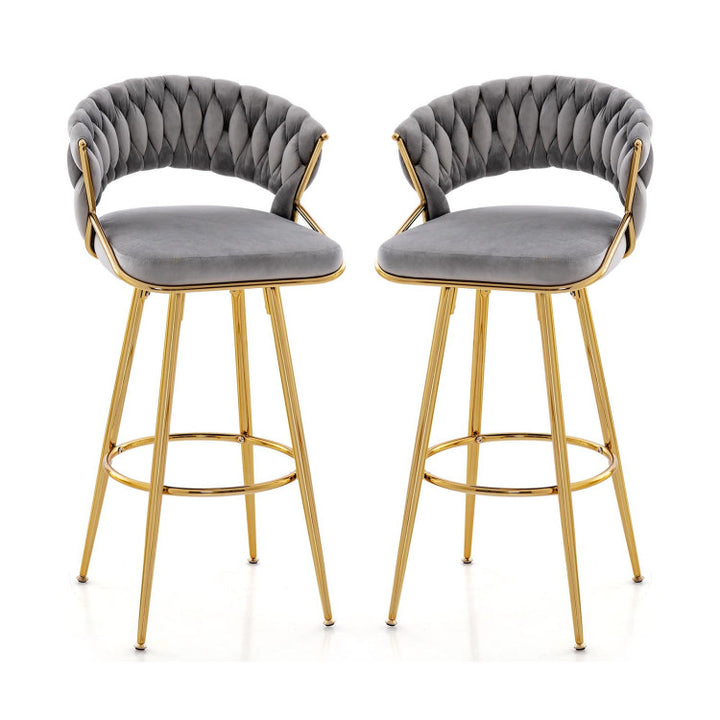 29 Inch Velvet Bar Stools Set of 2 Counter Height Barstools Armless Dining Chairs with Adjustable Foot Pads and Woven Backrest