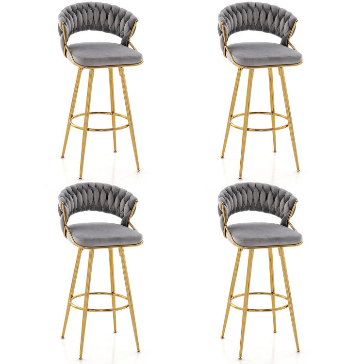 29 Inch Velvet Bar Stools Set of 2 Counter Height Barstools Armless Dining Chairs with Adjustable Foot Pads and Woven Backrest