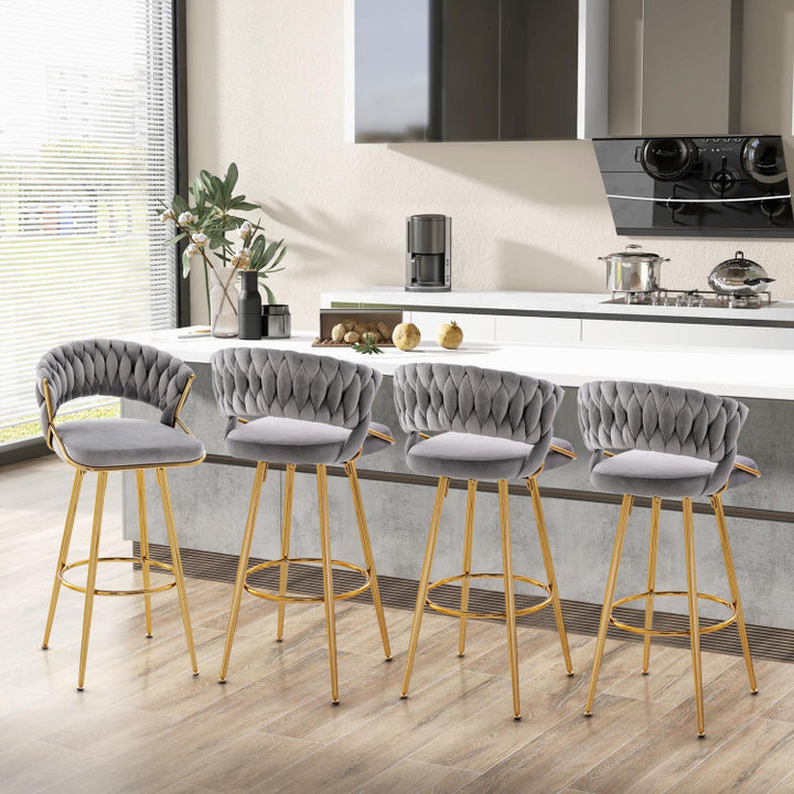 29 Inch Velvet Bar Stools Set of 2 Counter Height Barstools Armless Dining Chairs with Adjustable Foot Pads and Woven Backrest