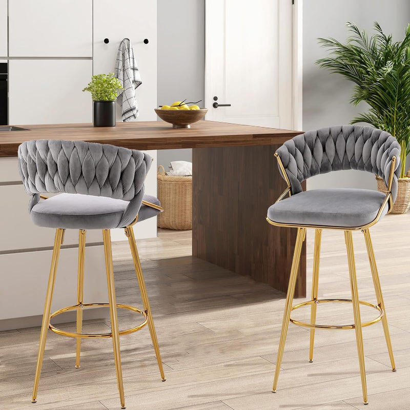 29 Inch Velvet Bar Stools Set of 2 Counter Height Barstools Armless Dining Chairs with Adjustable Foot Pads and Woven Backrest