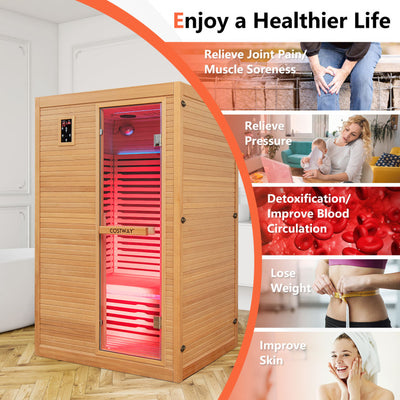 2 Person Far Infrared Wooden Sauna Room 900W Hemlock Wood Home Sauna Box with Dual Intelligent Control Panels and 9 Carbon Heaters